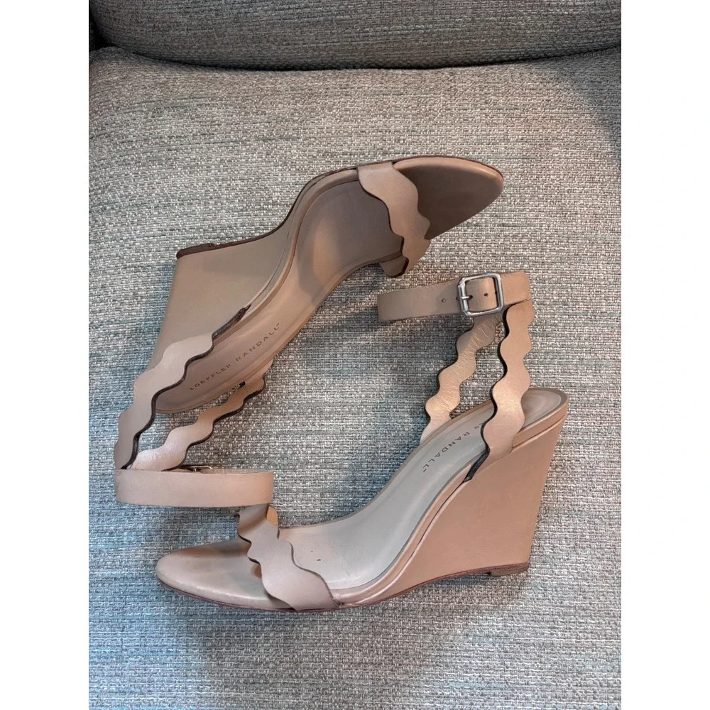 Loeffler Randall Emi Nude Leather Scalloped Wedge Sandals Ankle Strap Tan Size 8